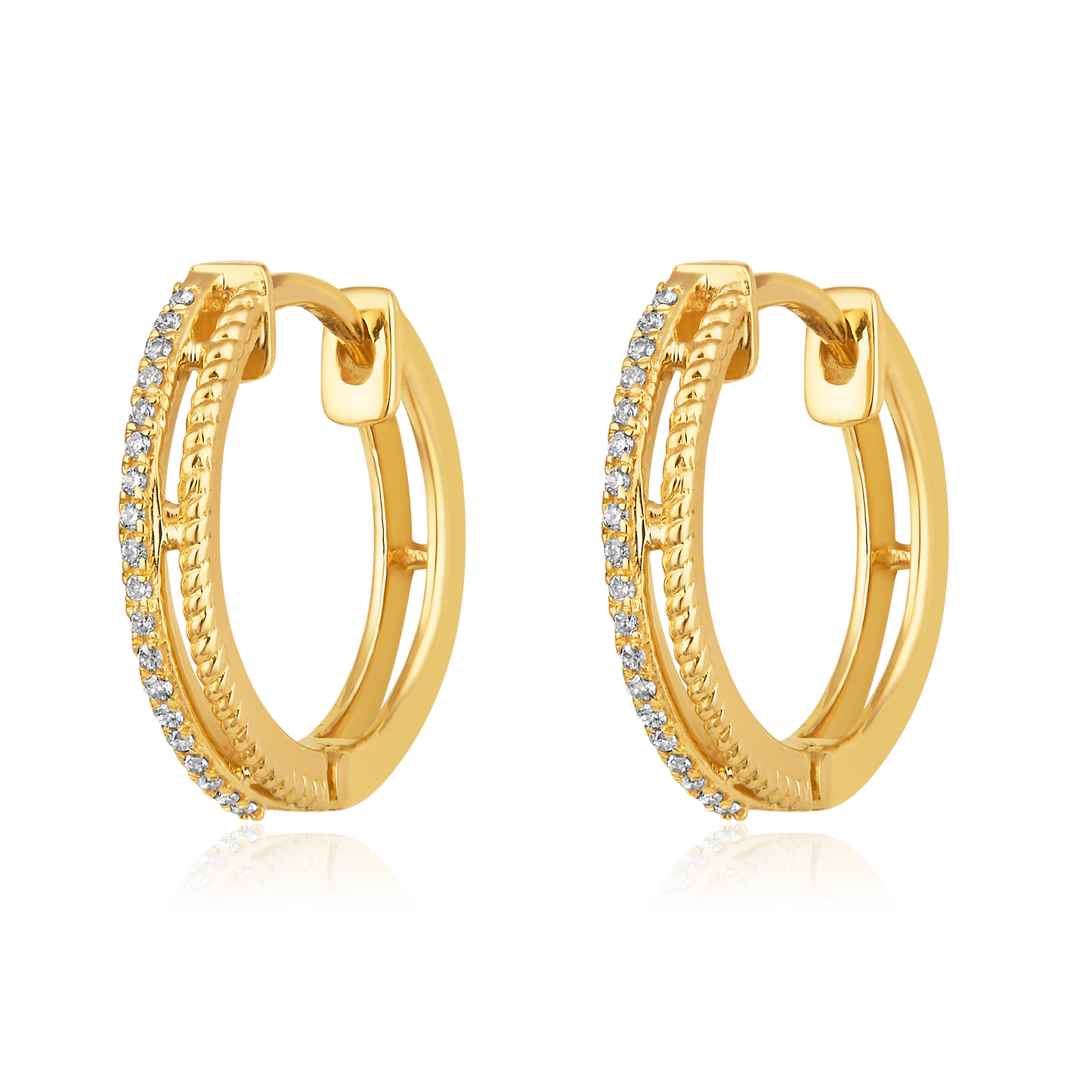 Solid Gold 0.1ct Natural Diamond 2 Row Huggie Hoop Earrings