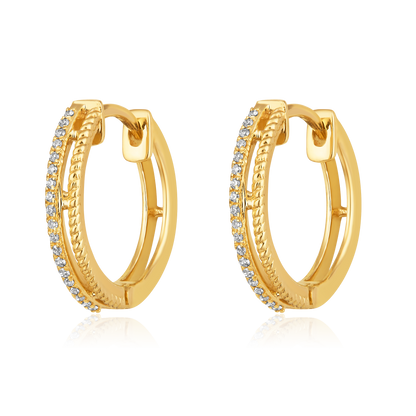Solid Gold 0.1ct Natural Diamond 2 Row Huggie Hoop Earrings
