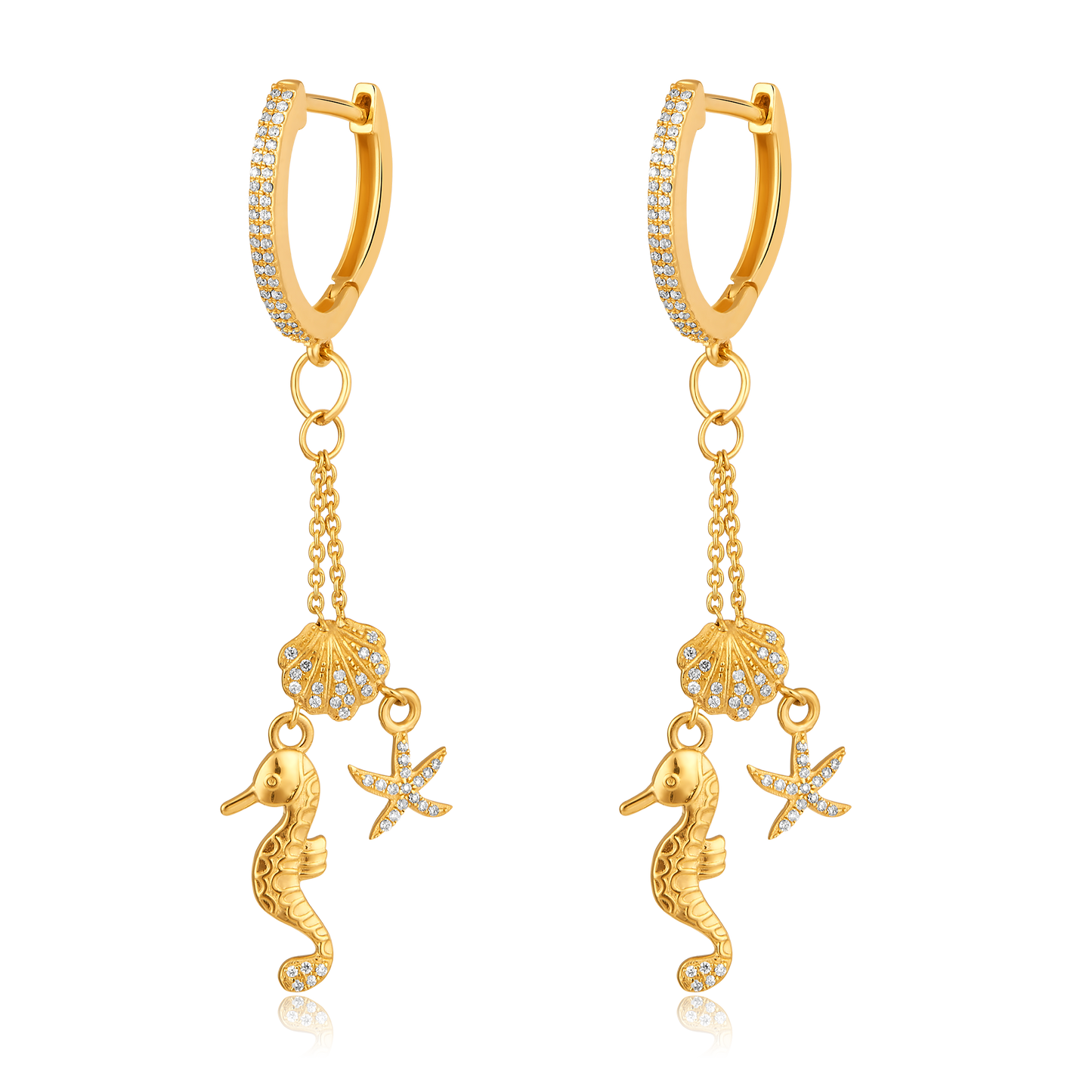 Solid Gold .3ct Natural Diamond Seahorse Shell Star Fish Huggie Earrings