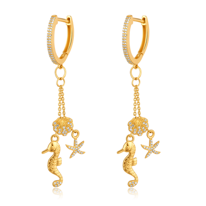 Solid Gold .3ct Natural Diamond Seahorse Shell Star Fish Huggie Earrings