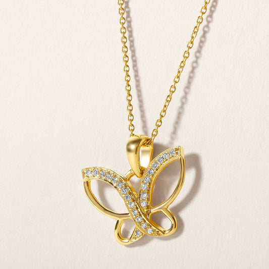 Solid Gold 0.11ct Natural Diamond Butterfly CutOut Halo Charm Necklace