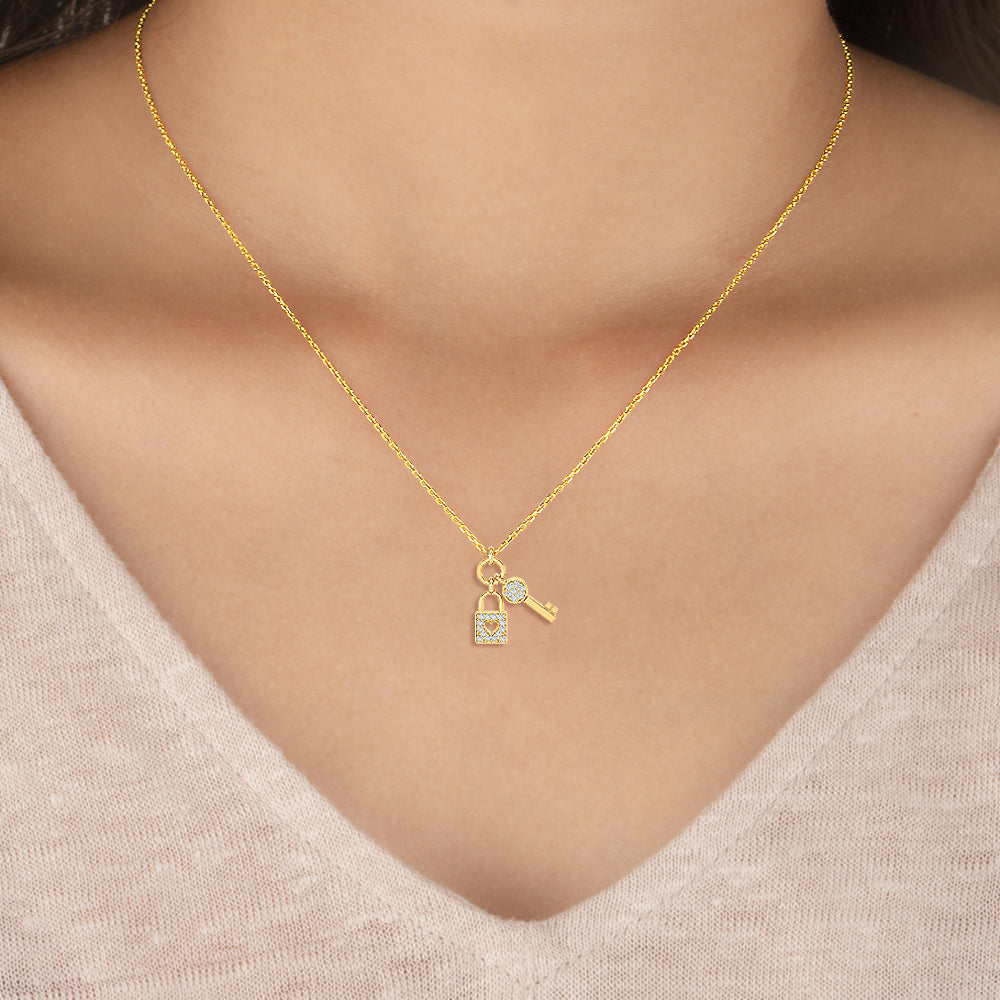 Solid Gold 0.1ct Natural Diamond Lock Key Ring Charm Necklace