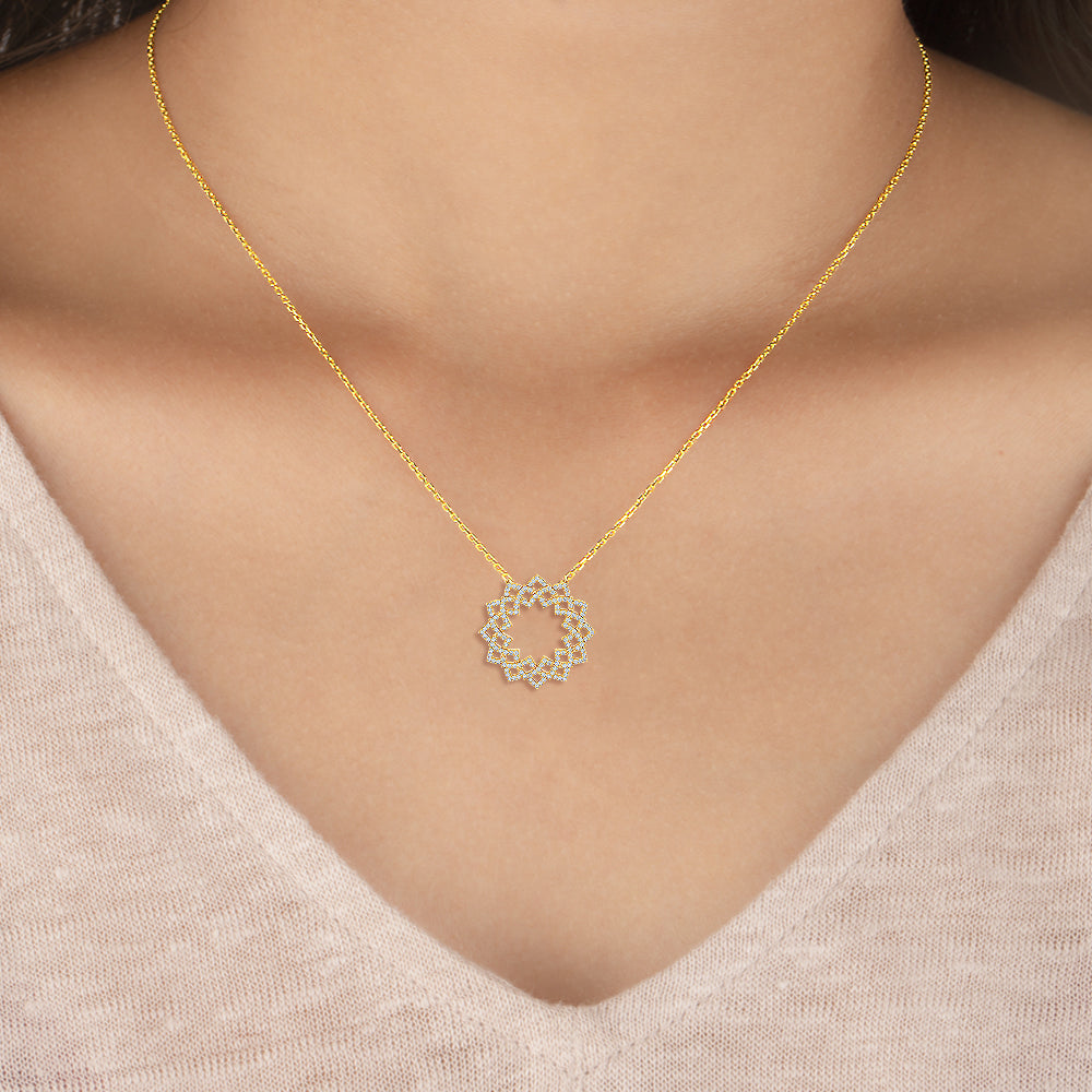 Solid Gold 0.7ct Natural Diamond Circle Sun Flower Necklace