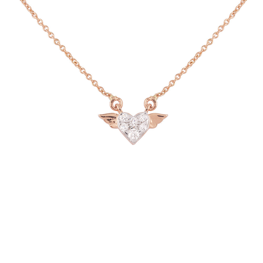 Solid Gold 0.2ct Natural Diamond Flying Wing Heart Necklace Earrings Set