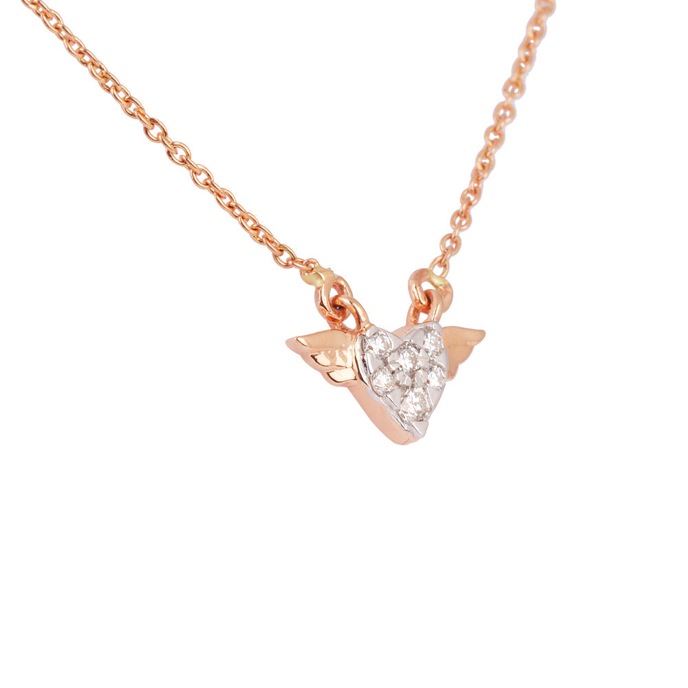 Solid Gold 0.2ct Natural Diamond Flying Wing Heart Necklace Earrings Set