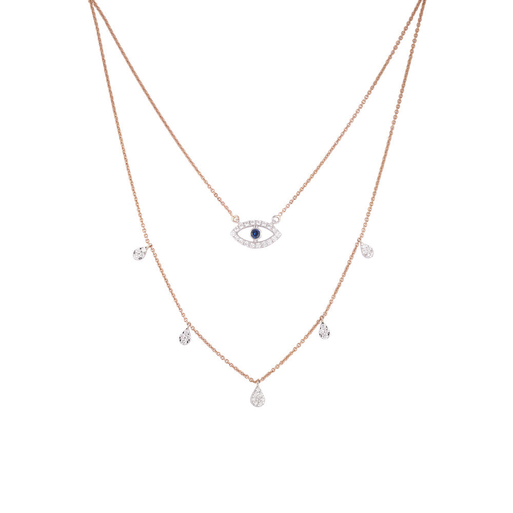 Solid Gold Natural Diamond Pear Blue Evil-Eye Station Necklace