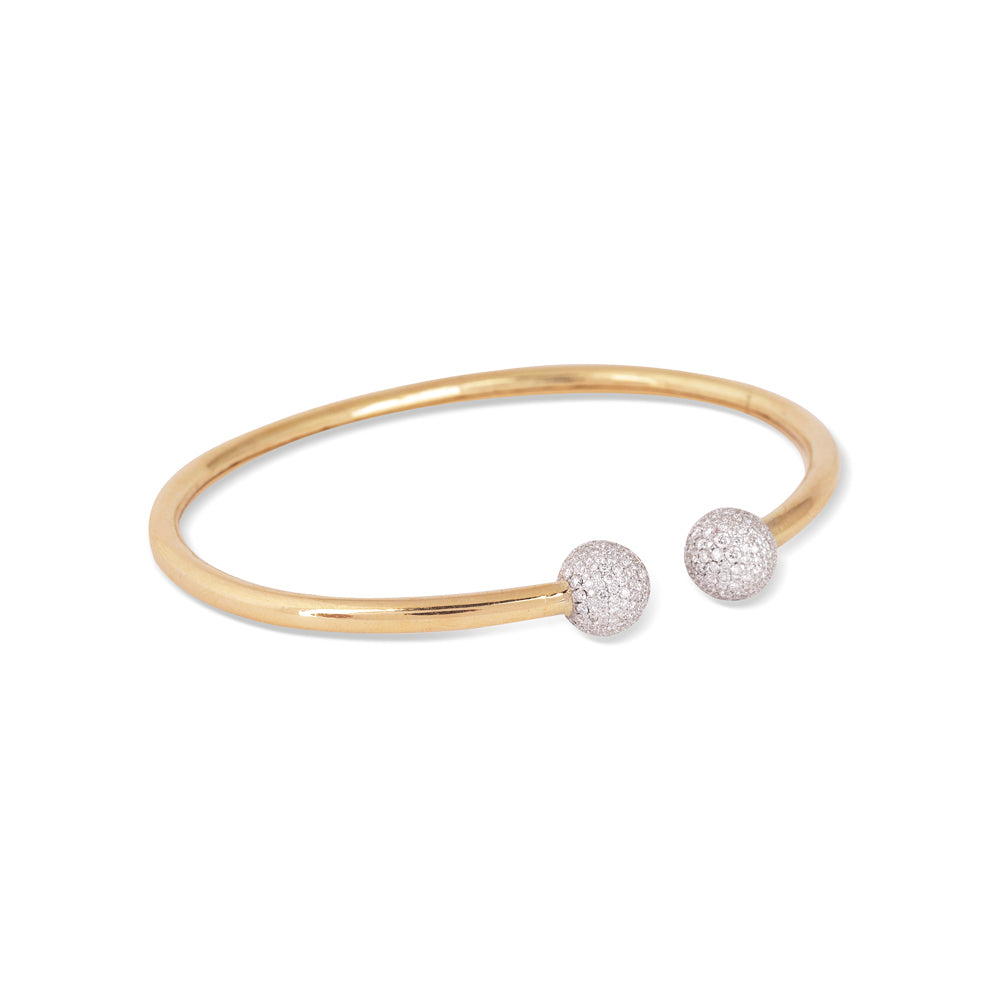 Solid Gold 1.4ct Natural Diamond Ball on End Open Bangle Bracelet