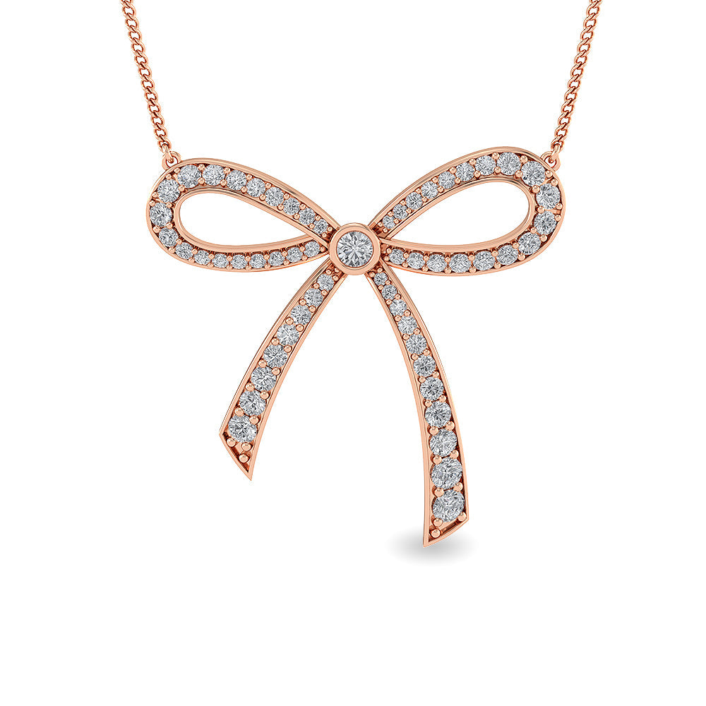 Solid Gold 1.2ct Natural Diamond Bow Ribbon Charm Knot Necklace