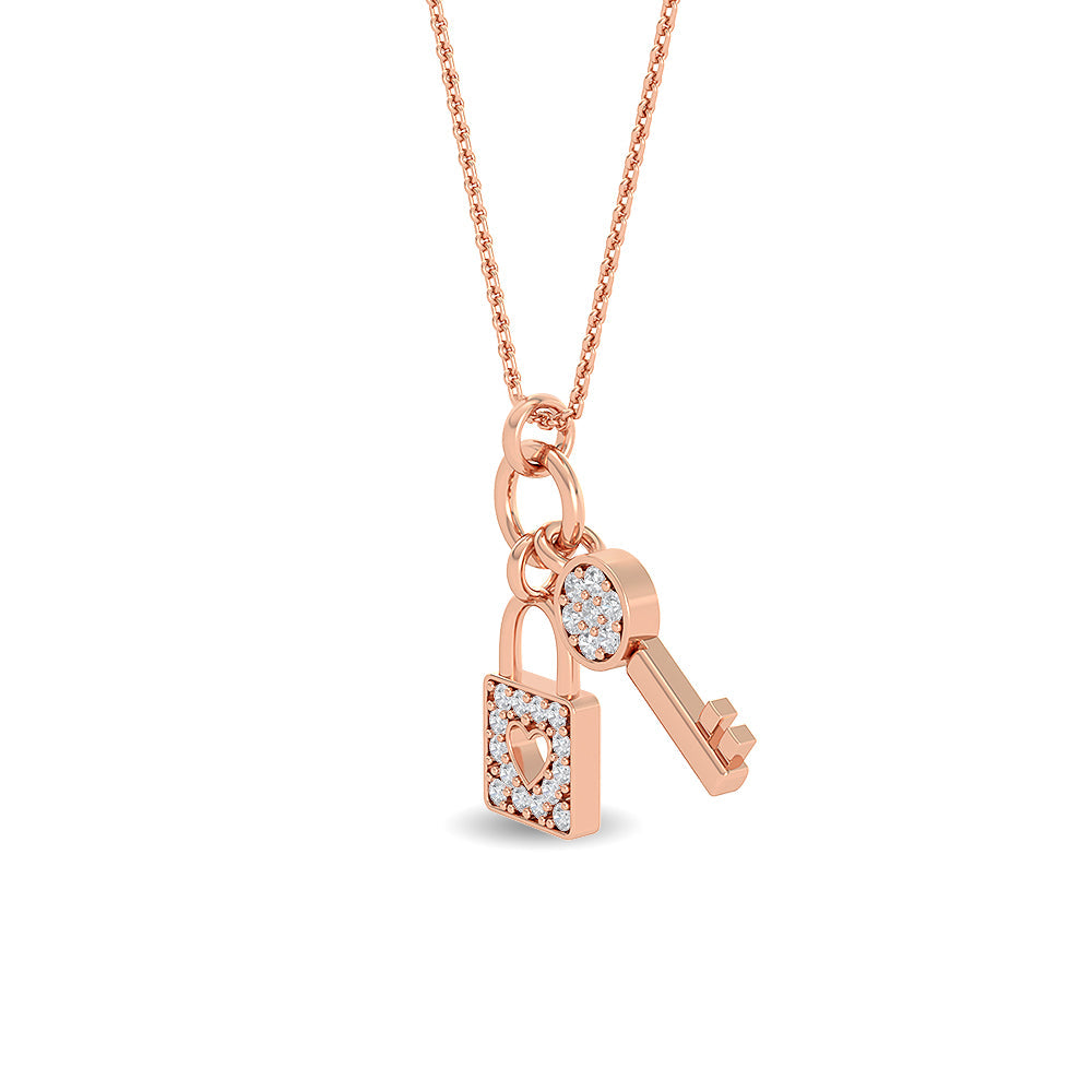 Solid Gold 0.1ct Natural Diamond Lock Key Ring Charm Necklace