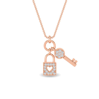 Solid Gold 0.1ct Natural Diamond Lock Key Ring Charm Necklace