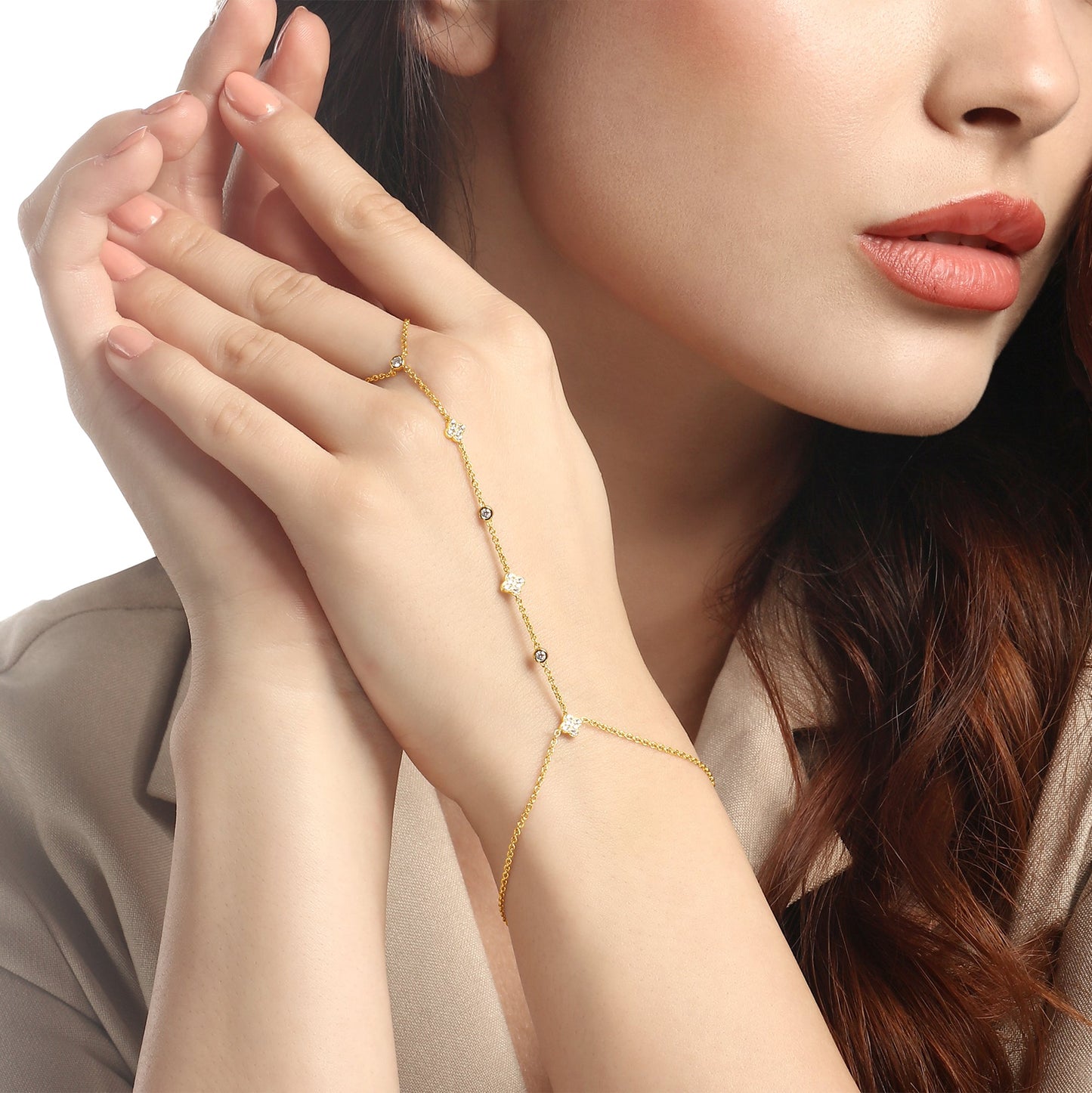 Solid Gold 0.4ct Natural Diamond Clover By-Yard Ring Bracelet Hand Chain