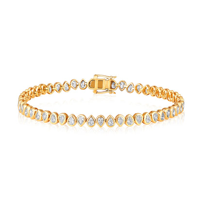 Solid Gold 3.4ct Natural Diamond Pear Teardrop Bezel Tennis Bracelet