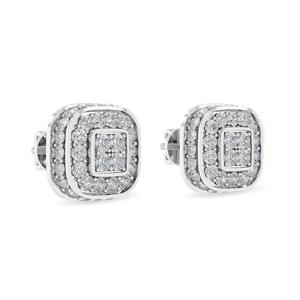 Solid Gold 1.6ct Natural Diamond Halo Double Square Stud Earrings
