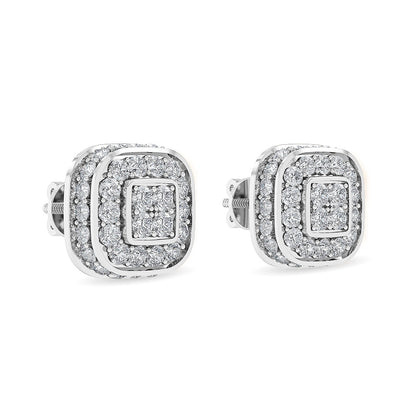 Solid Gold 1.6ct Natural Diamond Halo Double Square Stud Earrings