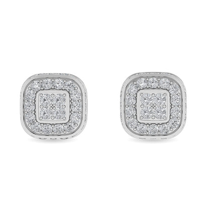Solid Gold 1.6ct Natural Diamond Halo Double Square Stud Earrings
