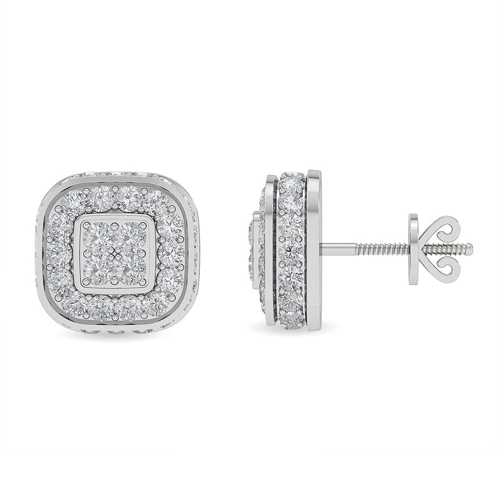 Solid Gold 1.6ct Natural Diamond Halo Double Square Stud Earrings
