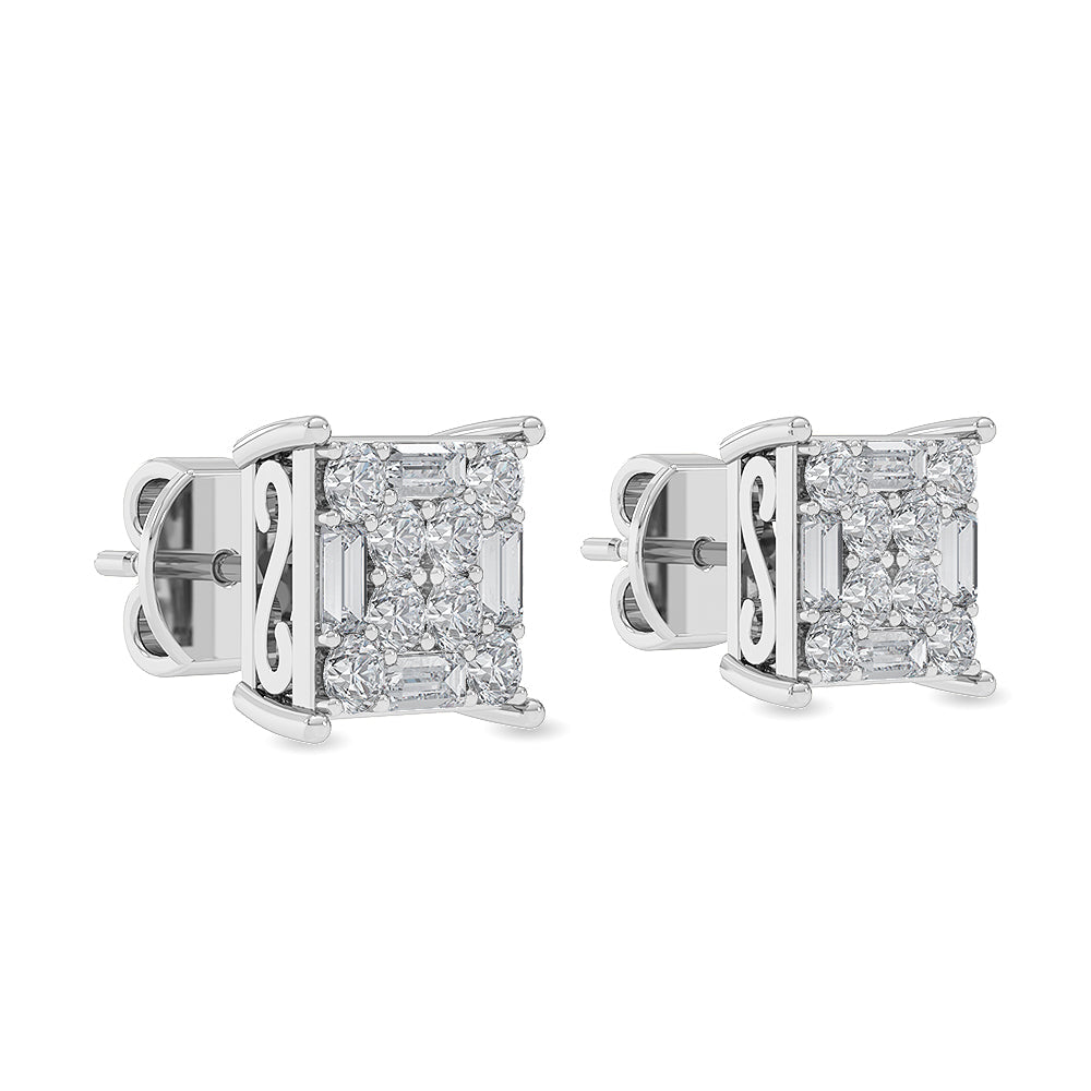 Solid Gold 0.7ct Natural Diamond Baguette Multi-Stone Stud Earrings