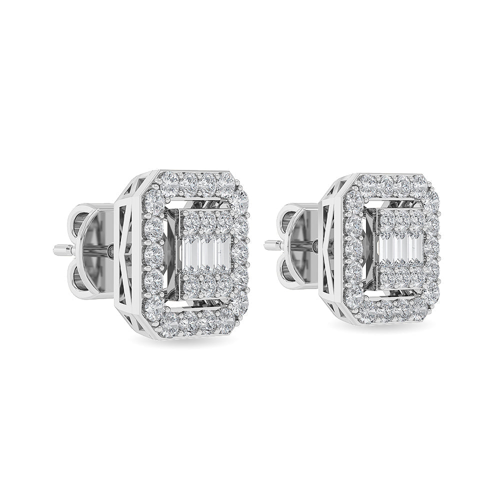 Solid Gold 0.5ct Natural Diamond Baguette Octagon Halo Stud Earrings