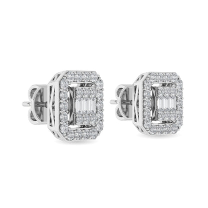 Solid Gold 0.5ct Natural Diamond Baguette Octagon Halo Stud Earrings