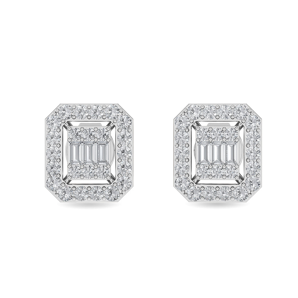 Solid Gold 0.5ct Natural Diamond Baguette Octagon Halo Stud Earrings