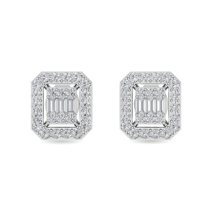 Solid Gold 0.5ct Natural Diamond Baguette Octagon Halo Stud Earrings