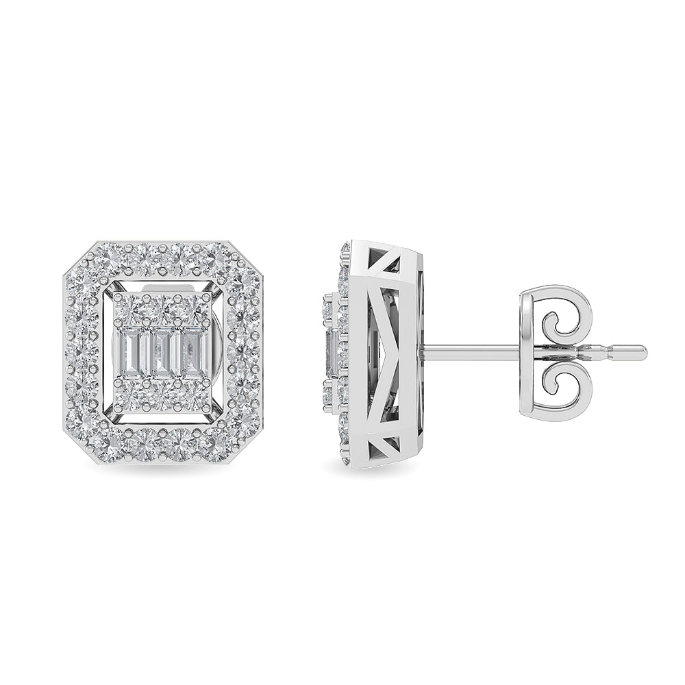 Solid Gold 0.5ct Natural Diamond Baguette Octagon Halo Stud Earrings
