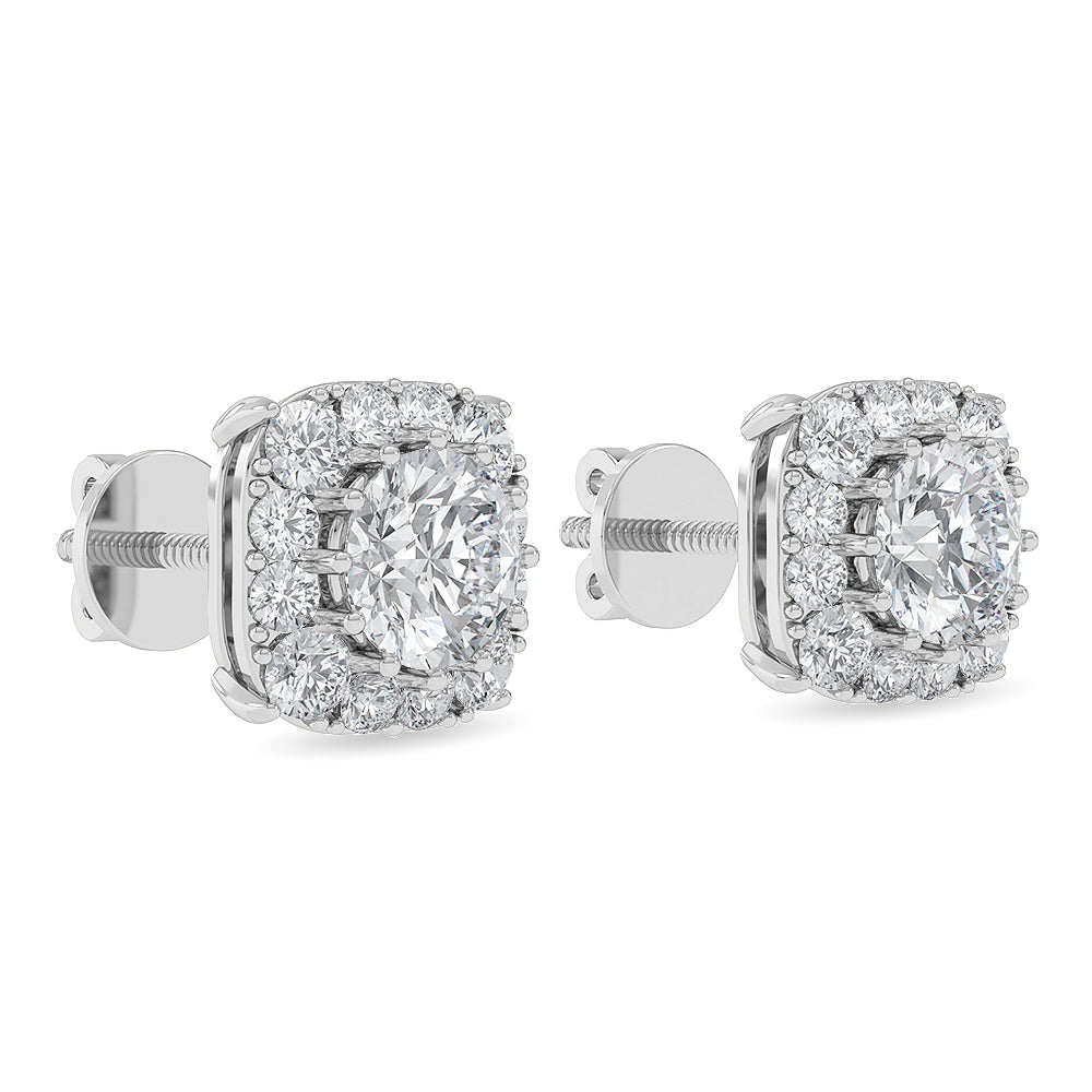 Solid Gold 1.44ct Natural Diamond Halo Square Cushion Stud Earrings