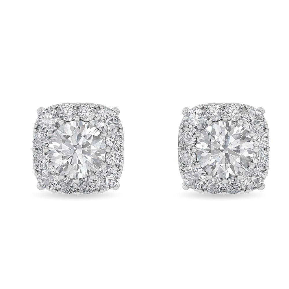 Solid Gold 1.44ct Natural Diamond Halo Square Cushion Stud Earrings
