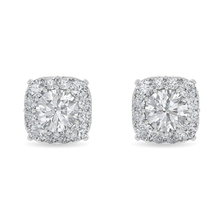 Solid Gold 1.44ct Natural Diamond Halo Square Cushion Stud Earrings