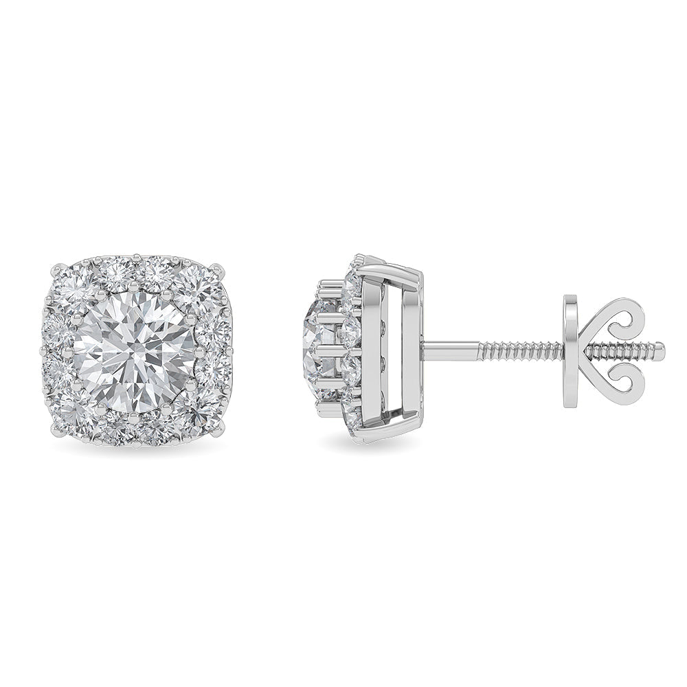 Solid Gold 1.44ct Natural Diamond Halo Square Cushion Stud Earrings