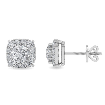 Solid Gold 1.44ct Natural Diamond Halo Square Cushion Stud Earrings