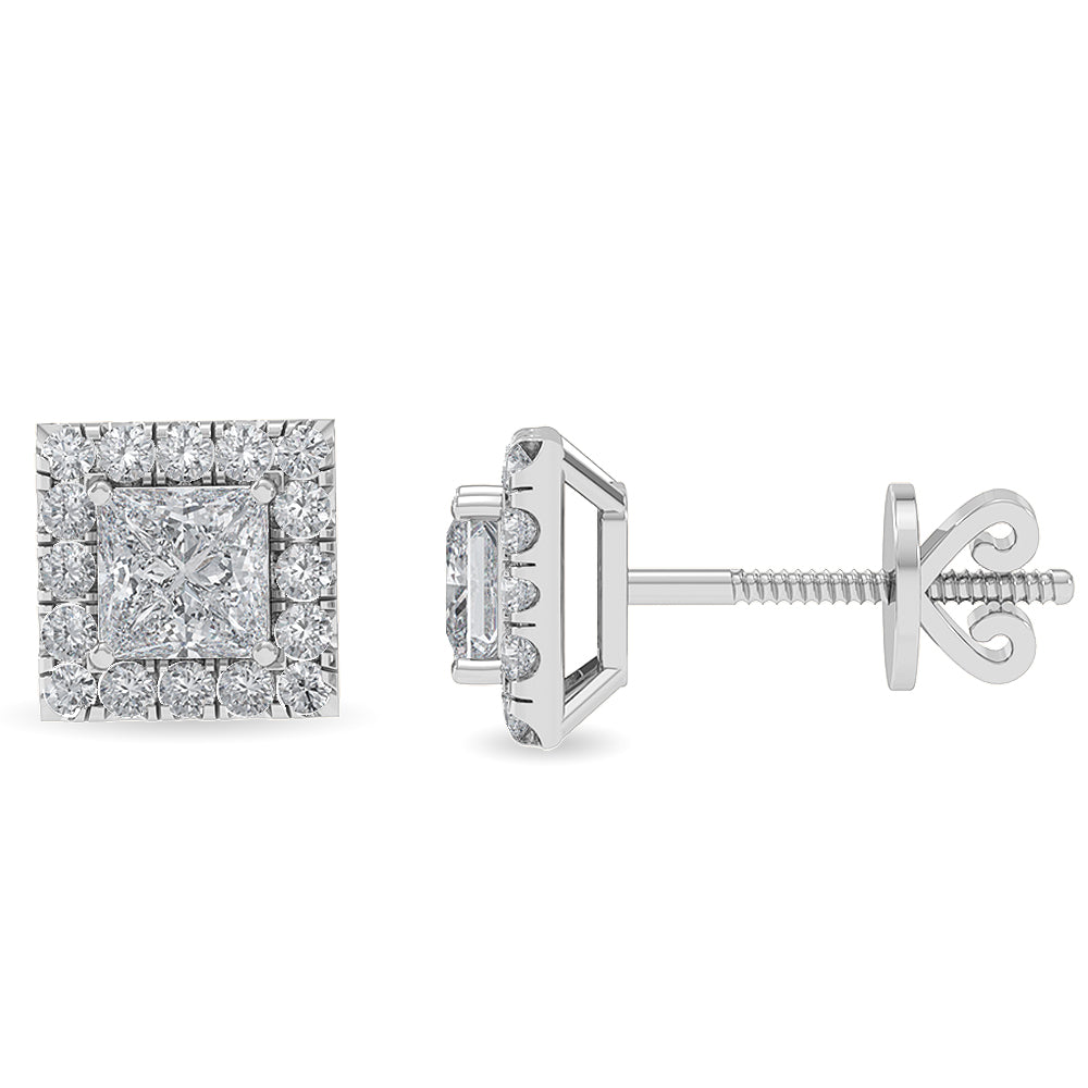 Solid Gold 1.4ct Natural Diamond Princess Square Halo Stud Earrings