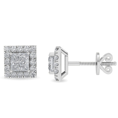 Solid Gold 1.4ct Natural Diamond Princess Square Halo Stud Earrings