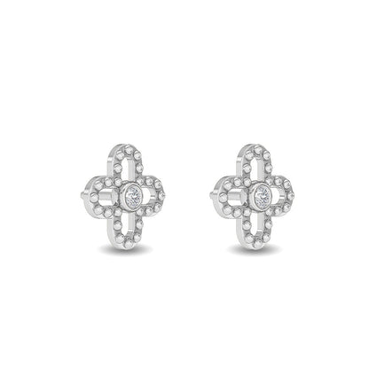 Solid Gold 0.08ct Natural Diamond Clover Flower Stud Florentine Earrings