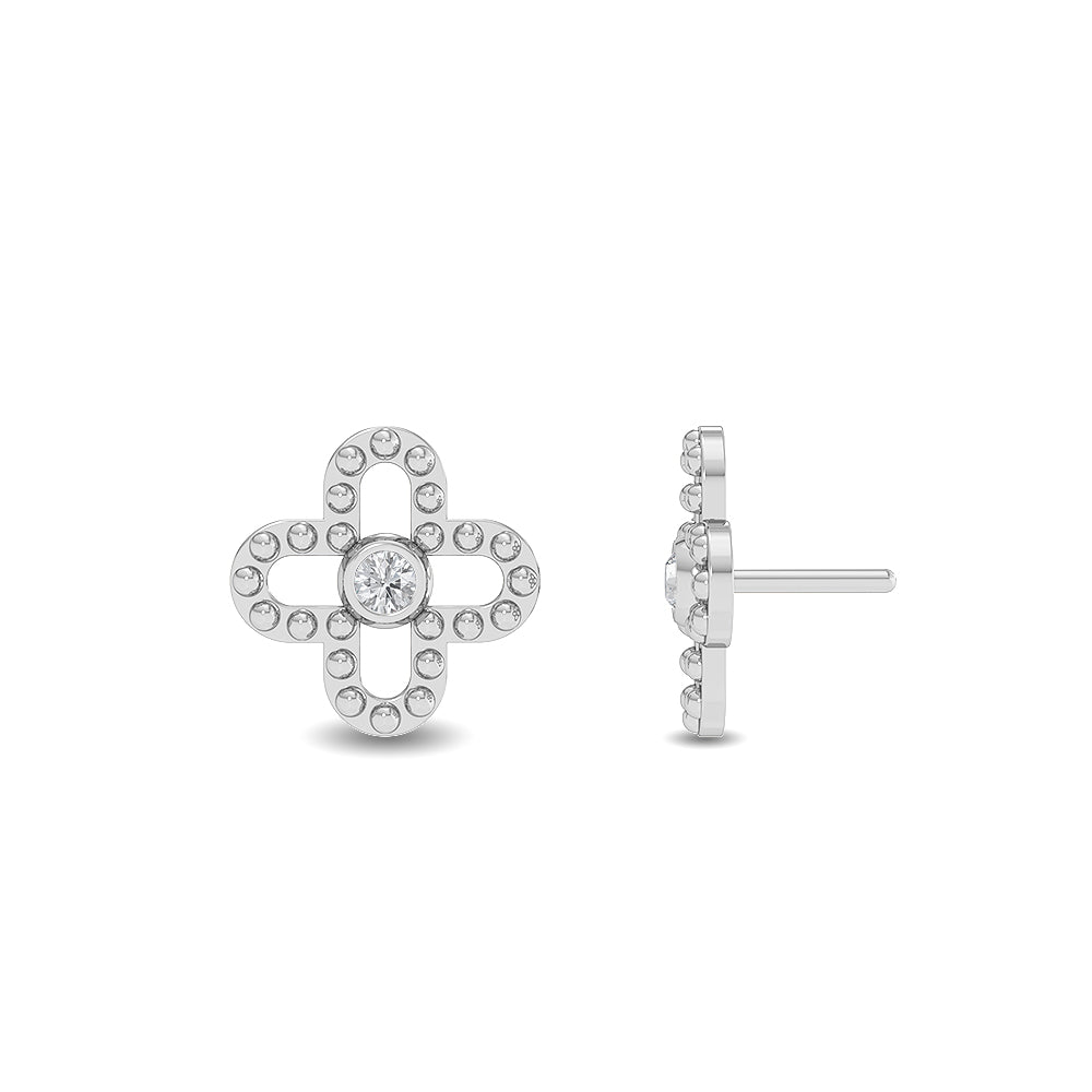 Solid Gold 0.08ct Natural Diamond Clover Flower Stud Florentine Earrings
