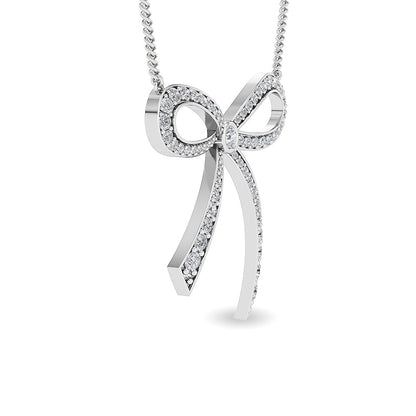 Solid Gold 1.2ct Natural Diamond Bow Ribbon Charm Knot Necklace