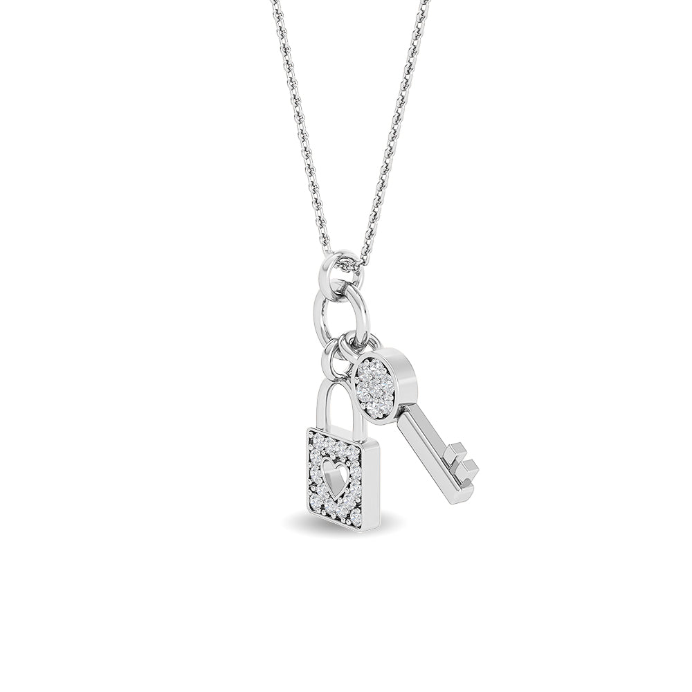 Solid Gold 0.1ct Natural Diamond Lock Key Ring Charm Necklace