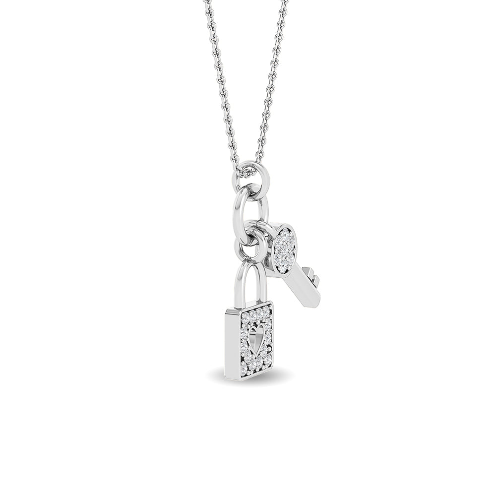 Solid Gold 0.1ct Natural Diamond Lock Key Ring Charm Necklace
