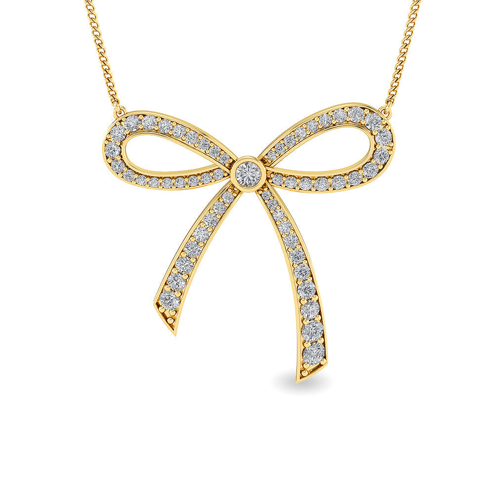 Solid Gold 1.2ct Natural Diamond Bow Ribbon Charm Knot Necklace