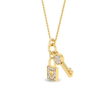 Solid Gold 0.1ct Natural Diamond Lock Key Ring Charm Necklace