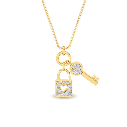 Solid Gold 0.1ct Natural Diamond Lock Key Ring Charm Necklace