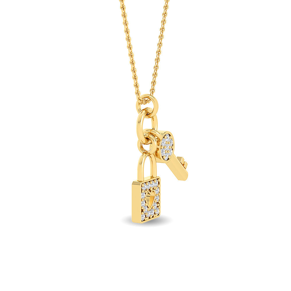 Solid Gold 0.1ct Natural Diamond Lock Key Ring Charm Necklace