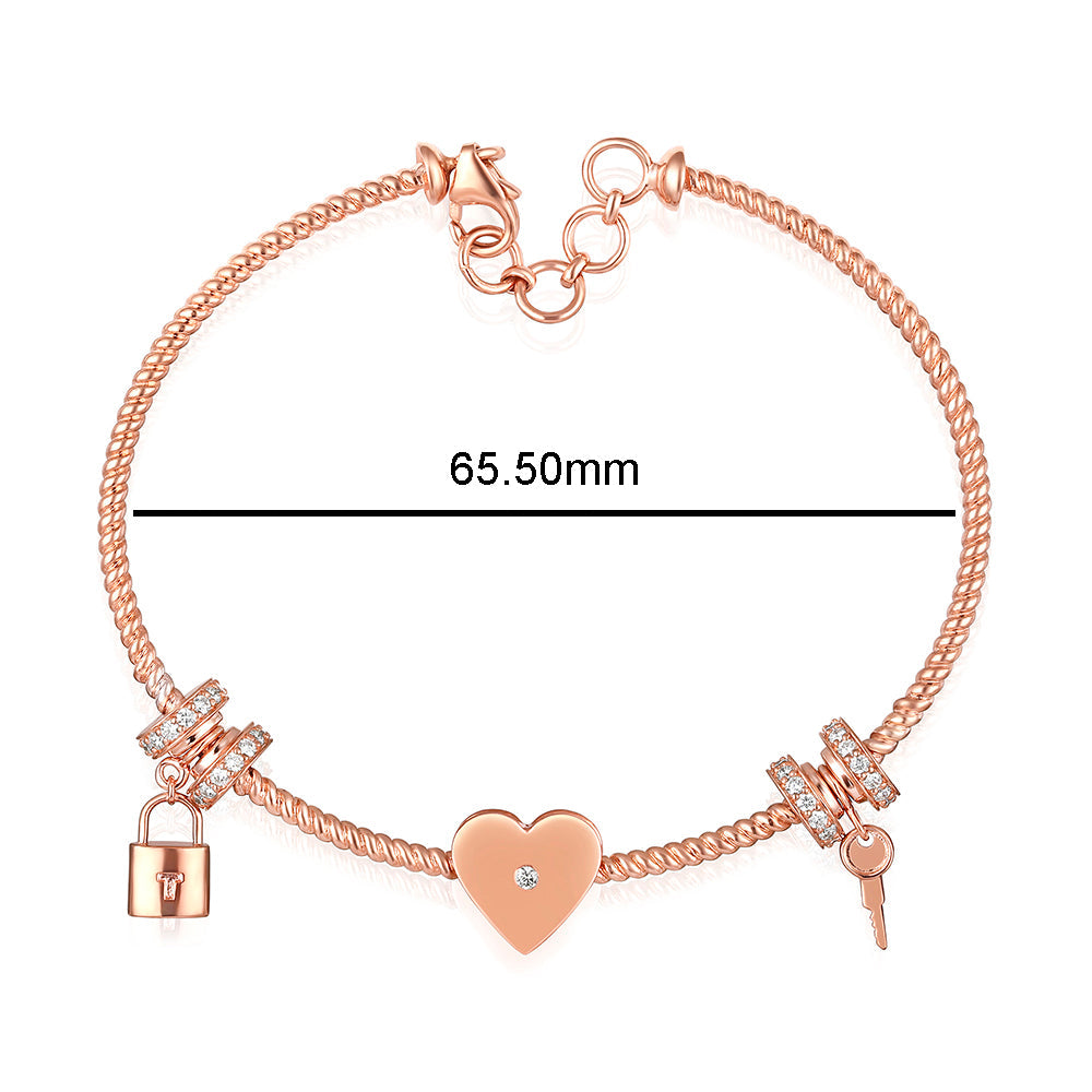 Solid Gold 0.5ct Natural Diamond Heart Lock Key Charm Cuff Bracelet