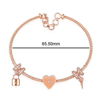 Solid Gold 0.5ct Natural Diamond Heart Lock Key Charm Cuff Bracelet