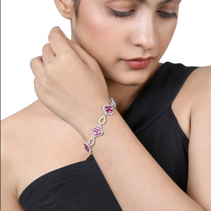 Solid Gold 3.9ct Natural Diamond w/ Ruby Clover Link Bracelet