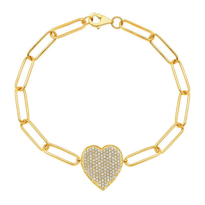 Solid Gold 0.6ct Natural Diamond Heart Paperclip Link Bracelet